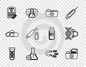 Set line DNA research, search, Health record folder, Bioengineering, Clipboard with analysis, Medical syringe and vial