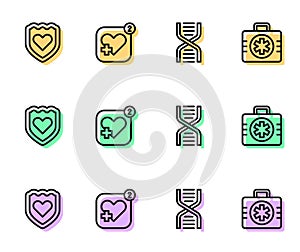 Set line DNA symbol, Immune system, Mobile with heart rate and First aid kit icon. Vector