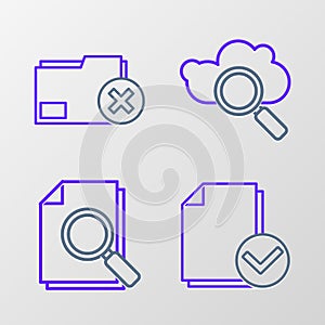 Set line Document and check mark, with search, Search cloud computing and Delete folder icon. Vector