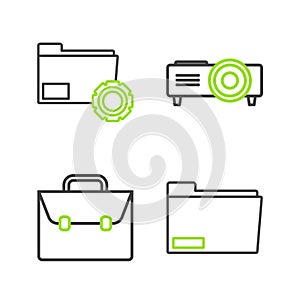 Set line Document folder, Briefcase, Presentation, movie, film, media projector and Folder settings with gears icon