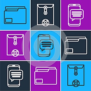 Set line Document folder, Chat messages notification on phone and Delete envelope icon. Vector