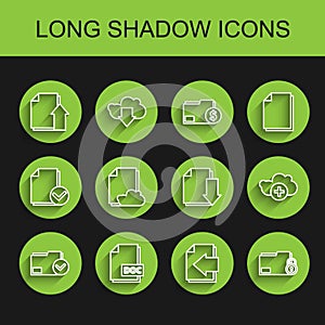 Set line Document folder and check mark, DOC file document, Upload, Next page arrow, Folder lock, Cloud storage text