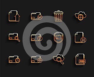 Set line Document folder with clock, Add new, Upload file document, Search cloud computing, PSD, Unknown, Delete and