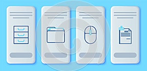 Set line Document folder, Computer mouse, Drawer with documents and File and binder clip icon. Vector