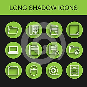 Set line Document folder, Computer mouse, Scotch, Drawer with documents, File, Folder settings gears and Delete file