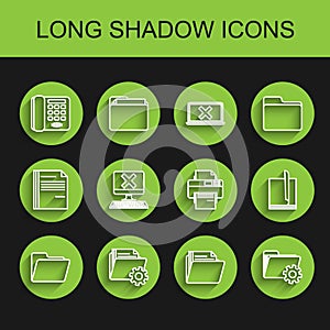 Set line Document folder, Folder settings with gears, Telephone, Computer keyboard and x mark, File document and Printer