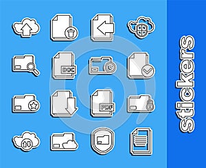 Set line Document, Folder and lock, check mark, Next page arrow, DOC file document, Search concept with folder, Cloud