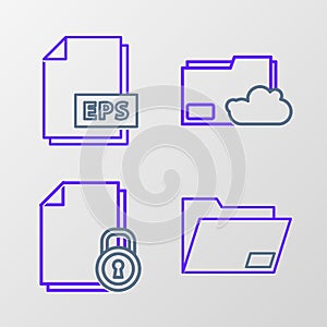 Set line Document folder, and lock, Cloud storage text document and EPS file icon. Vector