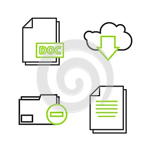Set line Document, folder with minus, Cloud download and DOC file document icon. Vector