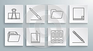 Set line Document folder, Pen line, File document, Office folders with papers and documents, Pencil eraser, and Binder