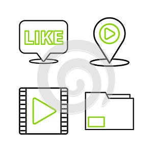 Set line Document folder, Play Video, Digital media play with location and Like in speech bubble icon. Vector