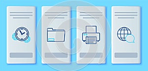 Set line Document folder, Printer, Time Management and World map made from speech bubble icon. Vector