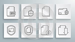 Set line Document folder protection, concept, Finance document, with download, and EPS file icon. Vector