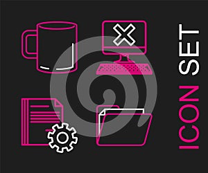 Set line Document folder, settings with gears, Computer keyboard and x mark and Coffee cup flat icon. Vector