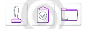 Set line Document folder, Stamp and Completed task icon. Vector