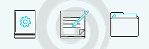 Set line Document folder, User manual and Blank notebook and pen icon. Vector