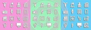 Set line Document with graph chart, Envelope, Mobile phone, Glue, Marker pen, Identification badge, Tie and Archive