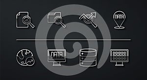 Set line Document with graph chart, Financial growth, Data analysis, Server, Search folder, Binary code and data icon