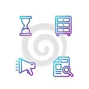 Set line Document with graph chart, Megaphone, Old hourglass and Archive papers drawer. Gradient color icons. Vector