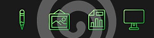 Set line Document with graph chart, Pencil, Picture landscape and Computer monitor. Gradient color icons. Vector