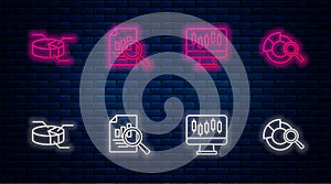 Set line Document with graph chart, Stocks market growth graphs, Pie infographic and Search data analysis. Glowing neon