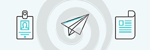 Set line Document, Identification badge and Paper airplane icon. Vector