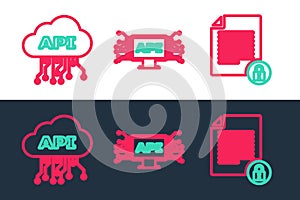 Set line Document and lock, Cloud api interface and Computer icon. Vector