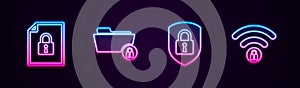 Set line Document and lock, Folder, Shield security with and Wifi locked. Glowing neon icon. Vector