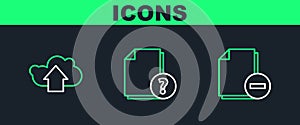 Set line Document with minus, Cloud upload and Unknown document icon. Vector