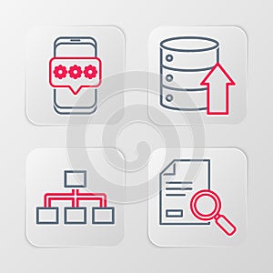 Set line Document with search, Hierarchy organogram chart, Server, Data, Web Hosting and Mobile and password icon