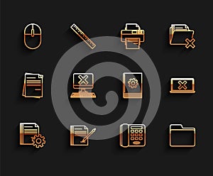 Set line Document settings with gears, Blank notebook and pen, Computer mouse, Telephone, folder, keyboard x mark