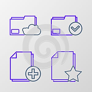 Set line Document with star, Add new file, folder and check mark and Cloud storage text document icon. Vector