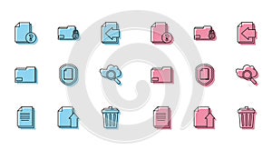 Set line Document, Upload file document, Unknown, Trash can, protection concept, Search cloud computing, folder and