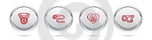 Set line Dog award symbol, Retractable cord leash, Heart with cat and . Silver circle button. Vector