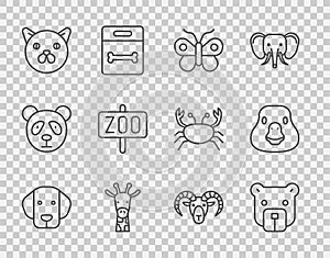 Set line Dog, Bear head, Butterfly, Giraffe, Cat, Zoo park, Head of goat or ram and Goose bird icon. Vector