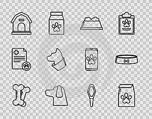 Set line Dog bone, Bag of food for pet, Pet bowl, house, Cat, Pets vial medical and icon. Vector