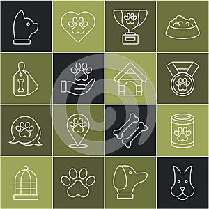 Set line Dog, Canned food, Pet award symbol, Hands with animals footprint, collar bone, Cat and house icon. Vector