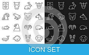 Set line Dog, Hedgehog, Horse head, Rabbit, Frog, Macaw parrot, Bag of food and Bear icon. Vector