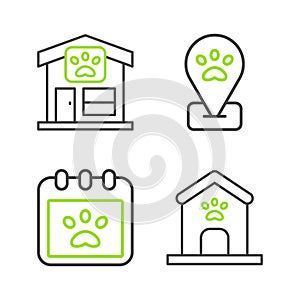 Set line Dog house and paw print, Calendar grooming, Location pet and Pet icon. Vector