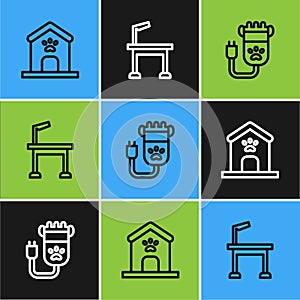 Set line Dog house and paw print, Hair clipper pet and Pet grooming table icon. Vector