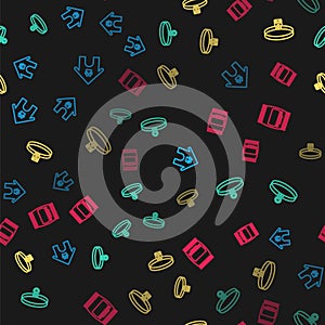 Set line Dog house and paw print pet, Cat collar, and Bag of food on seamless pattern. Vector