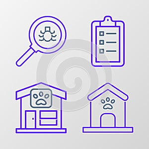 Set line Dog house and paw print, Pet grooming, Grooming salon price list and Flea search icon. Vector
