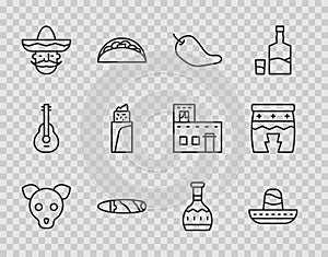 Set line Dog, Mexican sombrero, Hot chili pepper pod, Cigar, man, Burrito, Tequila bottle and Huehuetl icon. Vector