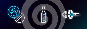 Set line Dog muzzle, and pills and Pets vial medical icon. Glowing neon. Vector