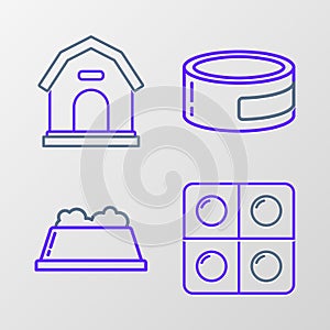 Set line Dog and pills, Pet food bowl, Canned and house icon. Vector