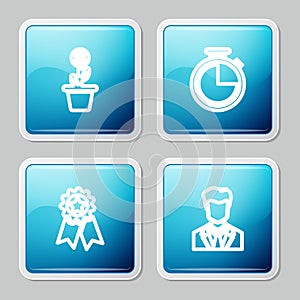 Set line Dollar plant in the pot, Stopwatch, Medal with star and User of man business suit icon. Vector