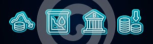 Set line Dollar rate decrease, Drop in crude oil price, Bank building and . Glowing neon icon. Vector