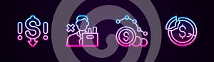 Set line Dollar rate decrease, Employee dismissal, and . Glowing neon icon. Vector