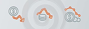 Set line Dollar rate decrease, and icon. Vector