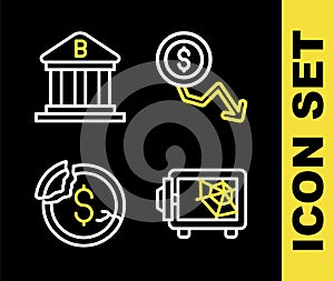 Set line Dollar rate decrease, Safe, and Bank building icon. Vector